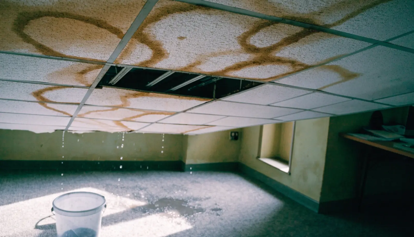 Water-stained drop-ceiling tiles with a bucket catching drips in a small office