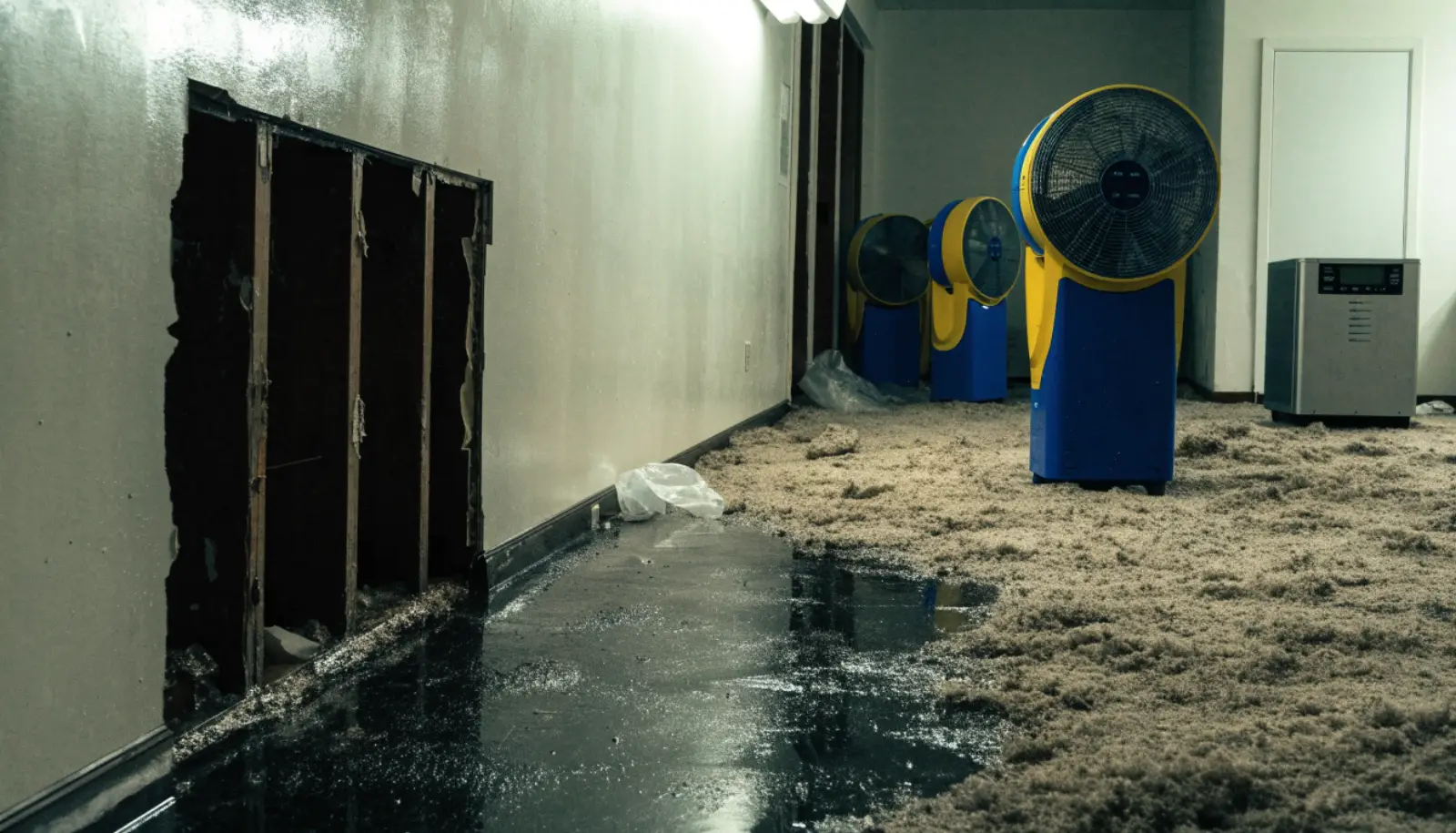 Air movers and a dehumidifier drying wet carpet in an office after a commercial water leak