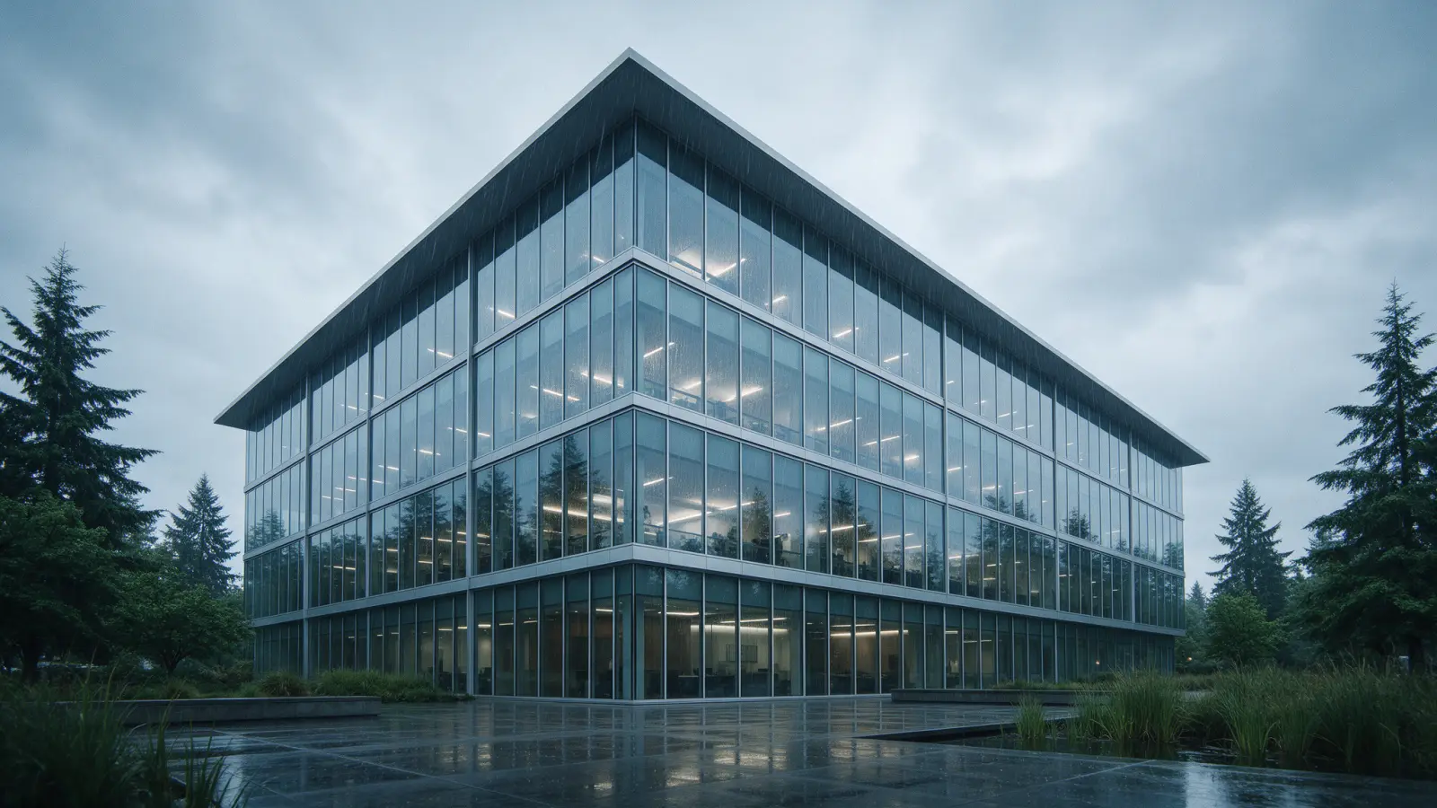 Rain streaking down the glass curtain wall of a modern office building surrounded by evergreens