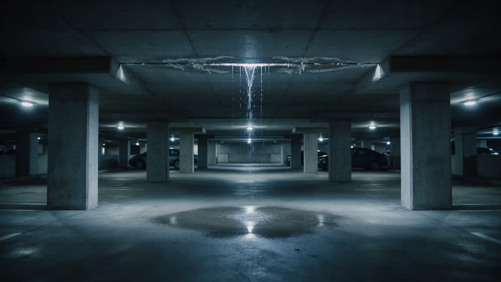 Water dripping from an expansion joint in an underground concrete parking garage