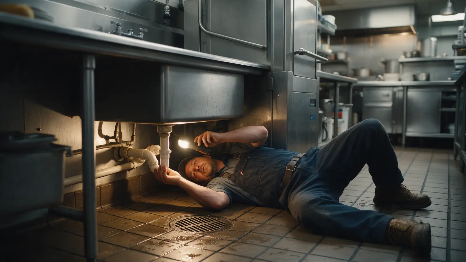 Plumber repairing a drain connection under a dishwasher in a stainless steel commercial kitchen