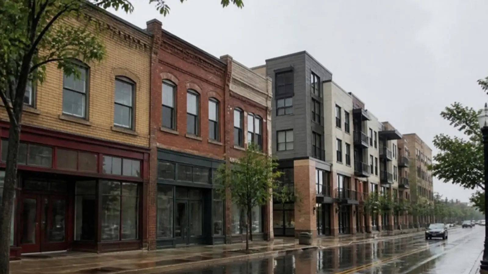 Older brick storefronts beside a newer mixed-use building on a rainy main street