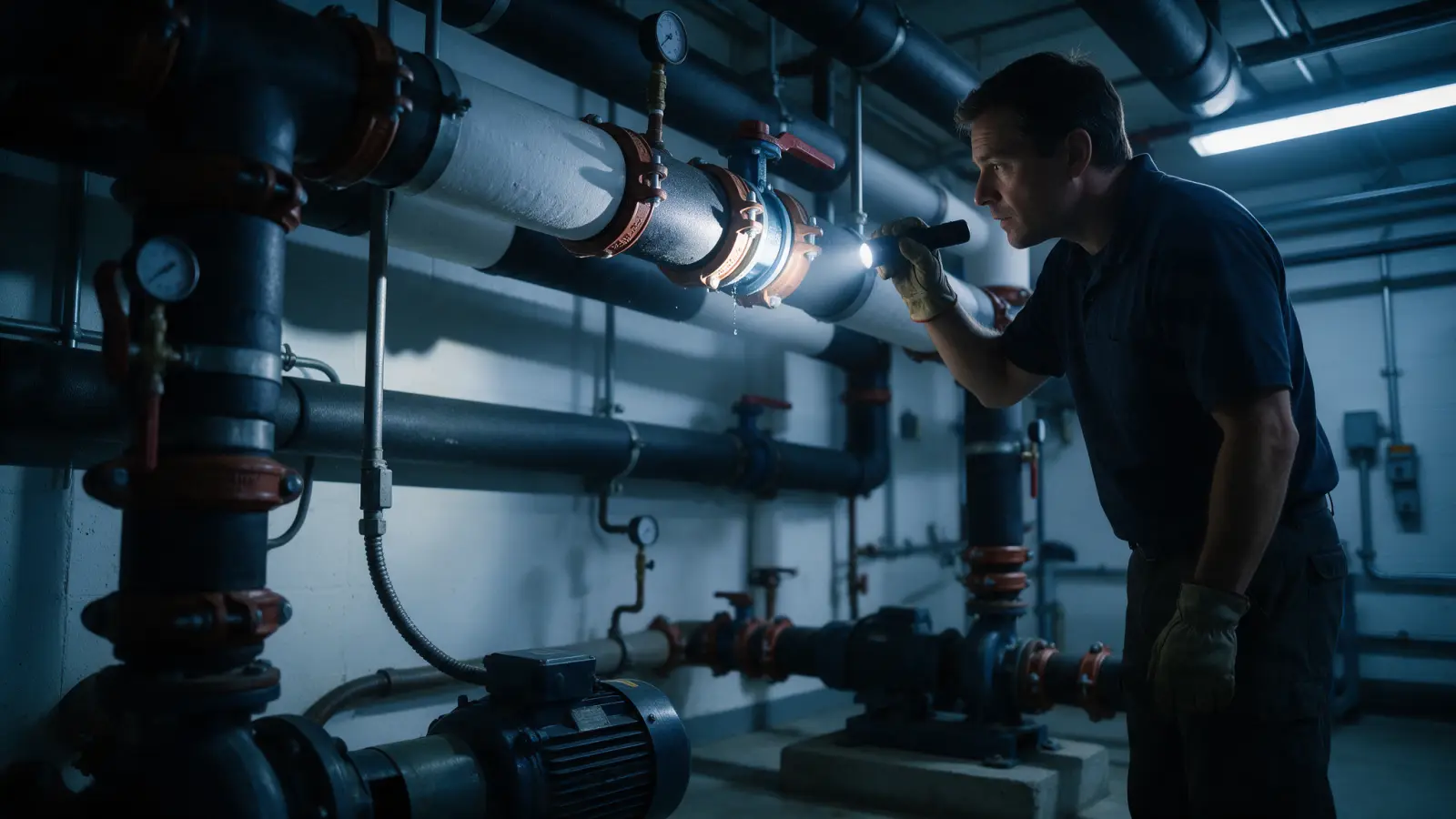 Technician checking a leaking coupling on insulated chilled water pipes in a commercial mechanical room