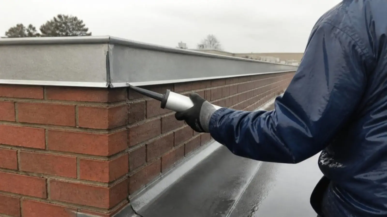 Technician resealing the metal coping and counter-flashing on a brick parapet wall