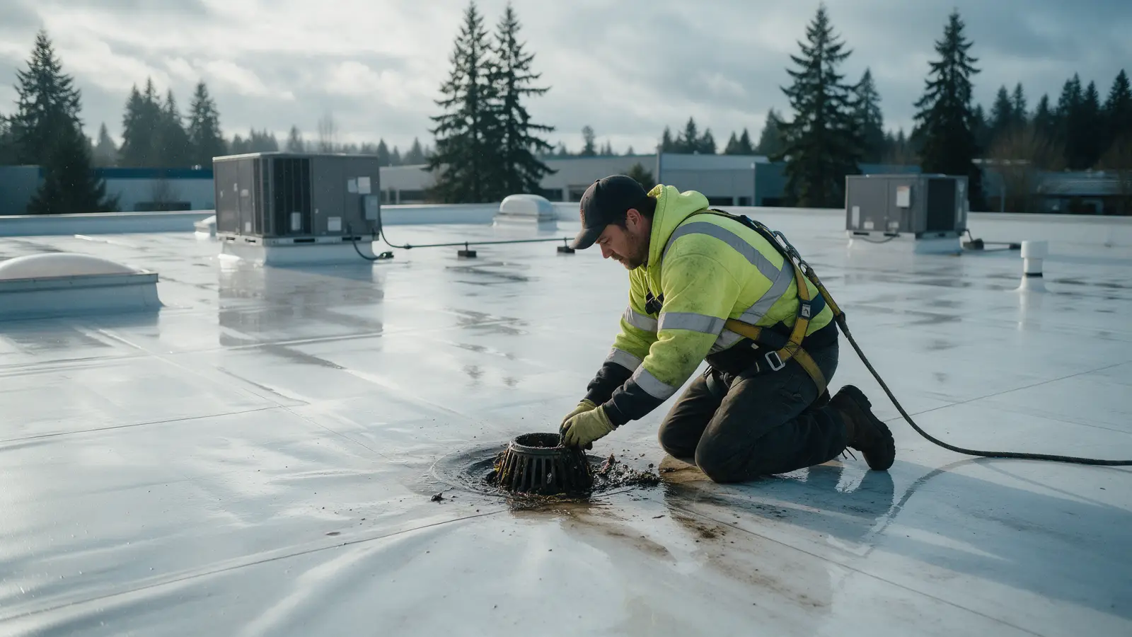 Roofing technician inspecting a roof drain on a wet low-slope commercial roof with rooftop HVAC units