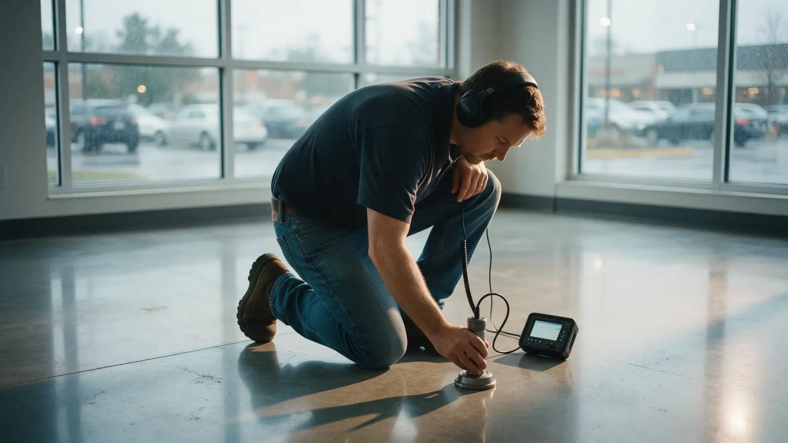 Leak detection technician using an acoustic ground microphone on a concrete floor in a retail space