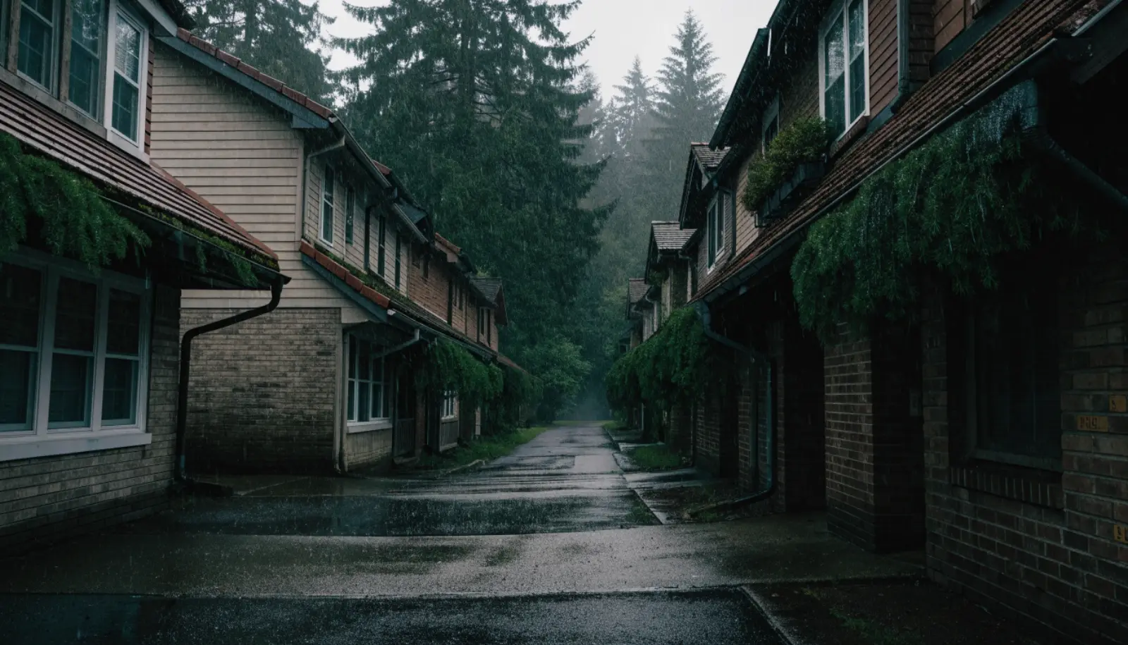 Hillside townhomes with gutters full of fir needles under tall evergreens